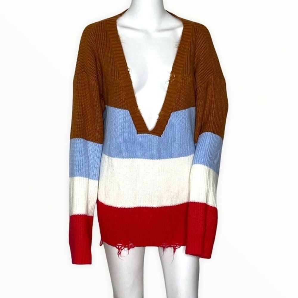 POL Distressed Colorblock Sweater Women L Brown Blue Red Boho Casual Grunge Knit